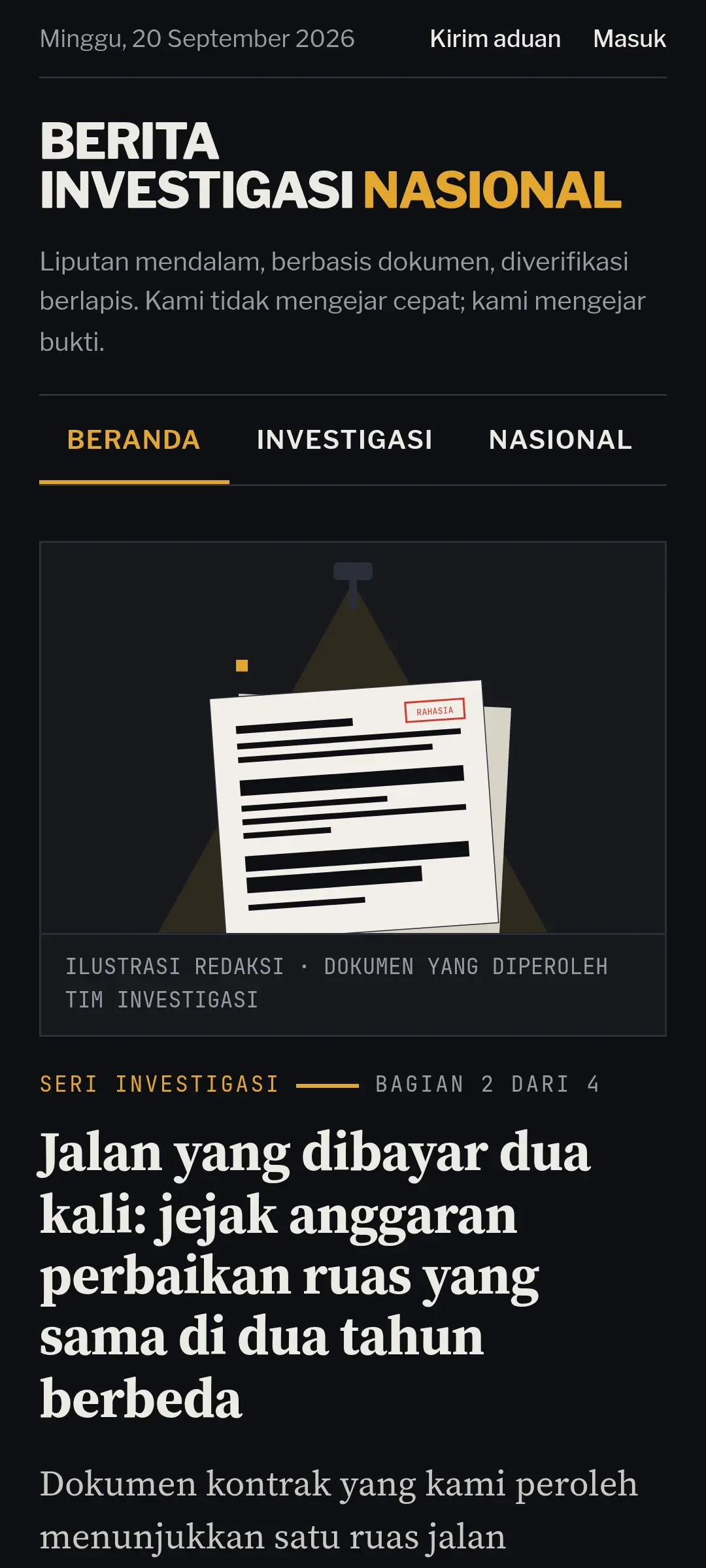 Tangkapan layar demo Berita Investigasi Nasional